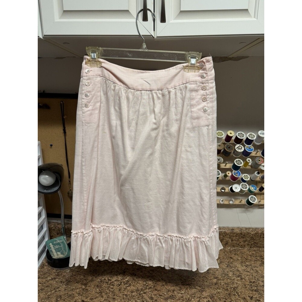 J.Crew A-Line Knee Length Skirt Button Front Ruffle Hem Pink Cotton Linen Size 2